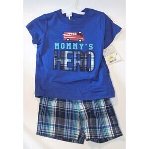 Carter's Fireman 2 piece set 9M‎ Outfit Mommy's Hero Shirt Shorts Blue Plaid